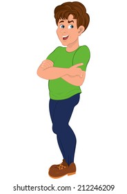 Illustration Of Cartoon Male Character Isolated On White. Cartoon Man In Green T-shirt And Blue Sweat Pants. 