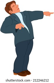 Illustration of cartoon male character isolated on white. Cartoon man in blue suit pointing with index finger with closed eyes. 