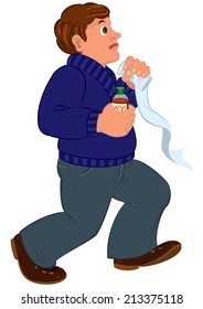 Illustration of cartoon male character isolated on white. Cartoon man with brown hair in blue sweater with first aid. 