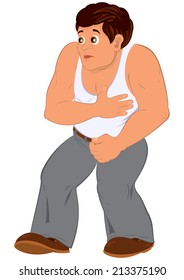 Illustration of cartoon male character isolated on white. Cartoon man in white sleeveless top walking. 