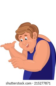 Illustration of cartoon male character isolated on white. Cartoon man torso in blue smiling. 