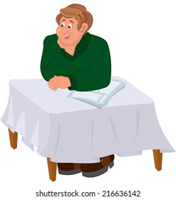 Illustration of cartoon male character isolated on white. Happy cartoon man sitting at the table. 