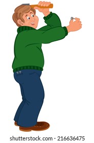 Illustration of cartoon male character isolated on white. Happy cartoon man hitting nail with hummer. 