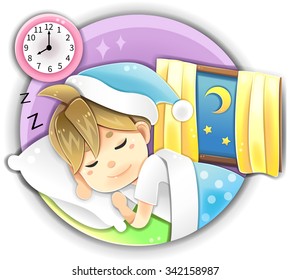 Illustration cartoon male character wearing pajamas sleeping early in bed at night time showing happy peaceful facial expression for stress relief and healthy anti-aging sleep in isolated background. 