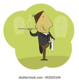 Illustration of cartoon male waiter carrying tray with glass of wine. Vector layered illustration