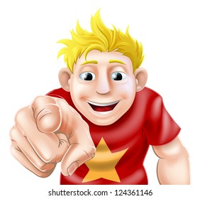 An illustration of a cartoon man or boy laughing or smiling and pointing at the viewer