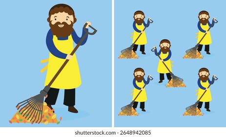 Illustration of a cartoon man cleaning the floor with a rake.