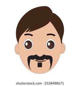 Ilustración de un hombre de dibujos animados es la cara con bigote y ojos grandes, cabello castaño y un bigote negro grueso. Diseño minimalista, perfecto para avatares, stickers u otros proyectos gráficos. Eps 10