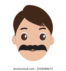 Illustration of a cartoon man is face with mustache and big eyes, brown hair and a thick black mustache. Minimalist design, perfect for avatars, stickers or other graphic projects. Eps 10