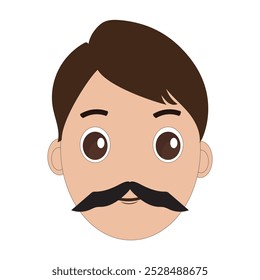 Ilustración de un hombre de dibujos animados es la cara con bigote y ojos grandes, cabello castaño y un bigote negro grueso. Diseño minimalista, perfecto para avatares, stickers u otros proyectos gráficos. Eps 10