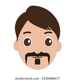 Illustration of a cartoon man is face with mustache and big eyes, brown hair and a thick black mustache. Minimalist design, perfect for avatars, stickers or other graphic projects. Eps 10