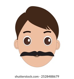 Ilustración de un hombre de dibujos animados es la cara con bigote y ojos grandes, cabello castaño y un bigote negro grueso. Diseño minimalista, perfecto para avatares, stickers u otros proyectos gráficos. Eps 10