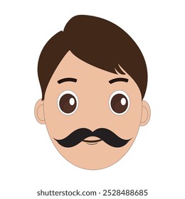 Illustration of a cartoon man is face with mustache and big eyes, brown hair and a thick black mustache. Minimalist design, perfect for avatars, stickers or other graphic projects. Eps 10