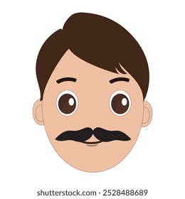 Ilustración de un hombre de dibujos animados es la cara con bigote y ojos grandes, cabello castaño y un bigote negro grueso. Diseño minimalista, perfecto para avatares, stickers u otros proyectos gráficos. Eps 10