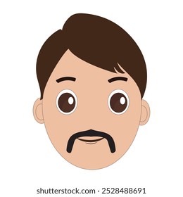 Illustration of a cartoon man is face with mustache and big eyes, brown hair and a thick black mustache. Minimalist design, perfect for avatars, stickers or other graphic projects. Eps 10