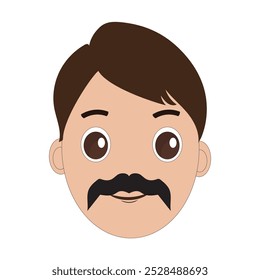 Illustration of a cartoon man is face with mustache and big eyes, brown hair and a thick black mustache. Minimalist design, perfect for avatars, stickers or other graphic projects. Eps 10