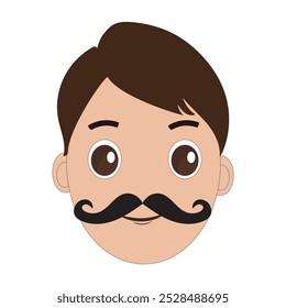 Illustration of a cartoon man is face with mustache and big eyes, brown hair and a thick black mustache. Minimalist design, perfect for avatars, stickers or other graphic projects. Eps 10