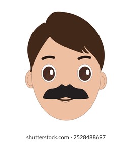 Ilustración de un hombre de dibujos animados es la cara con bigote y ojos grandes, cabello castaño y un bigote negro grueso. Diseño minimalista, perfecto para avatares, stickers u otros proyectos gráficos. Eps 10