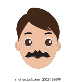 Ilustración de un hombre de dibujos animados es la cara con bigote y ojos grandes, cabello castaño y un bigote negro grueso. Diseño minimalista, perfecto para avatares, stickers u otros proyectos gráficos. Eps 10