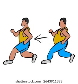 Ilustração de um homem de desenho animado jogging, perda de peso, treinamento cardio, conceito consciente de saúde homem em execução, antes e depois