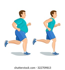Illustration of a cartoon man jogging, weight loss, cardio training, health conscious concept running man, before and after 