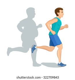 Illustration of a cartoon man jogging, weight loss, cardio training, health conscious concept running man, before and after