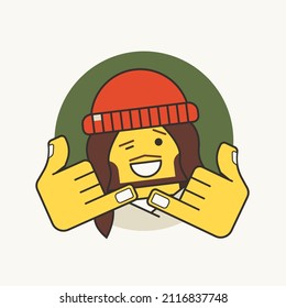 Illustration of a cartoon man with long hair in a red cap who shows signs with his hands and winks his eye. Vector illustration.