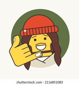 An illustration of a cartoon man with long hair in a red hat, who shows with his hand a "phone call" sign. Vector illustration.