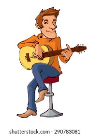  illustration of cartoon man sitting on a chair playing the acoustic guitar