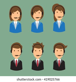 illustration of an cartoon man and woman call center face with various hair styles wearing headset vector illustration.