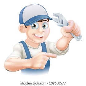 An illustration of a cartoon mechanic or plumber with an adjustable wrench or spanner