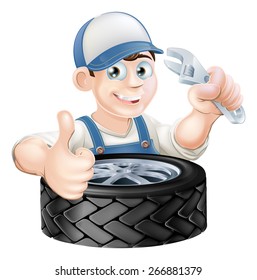 An illustration of a cartoon mechanic with spanner or wrench and tire (tyre) giving a thumbs up