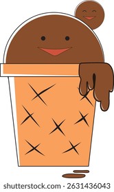 illustration of a cartoon melting chocolate ice cream with smiling eyes and mouth