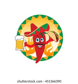 Illustration of cartoon mexican red chili pepper with taco and beer, sombrero hat, mustache. Mexican  logo, labels, emblems and badges, vector.