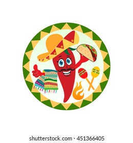 Illustration of cartoon mexican red chili pepper with taco and towel, sombrero hat, musical maracas, mustache. Mexican  logo, labels, emblems and badges, vector.