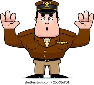 An illustration of a cartoon military captain with hands in the air surrendering.