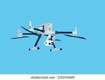 illustration of cartoon military drone with video camera and ukrainian trident on blue background