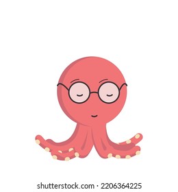 Illustration of a cartoon minimalistic character, a red octopus wearing glasses with closed eyes and folded tentacles. Colored vector flat illustration isolated on white background.
