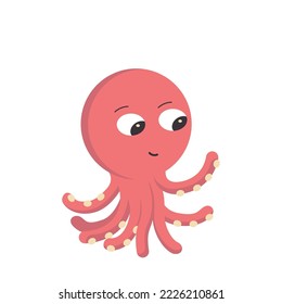 Illustration of a cartoon minimalistic character, a red octopus looking at tentacles tentacles. Colored vector flat illustration isolated on white background.