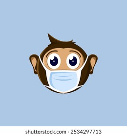 Illustration of a cartoon monkey emoji wearing a medical mask. Suitable for stickers, children's picture book icons, and to complement graphic design work.