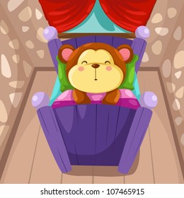 illustration of cartoon monkey sleeping in bed