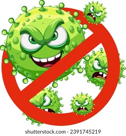 Illustration of a cartoon monster representing bacteria, germs, and viruses with a cross sign indicating the need to stop them