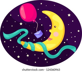 illustration of cartoon moon with balloon
