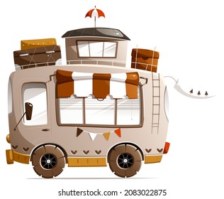 Illustration of a cartoon motorhome fully loaded with gear.