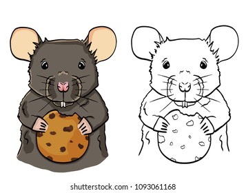 Illustration of cartoon mouse with cookie. Little mouse in color holding cookie.