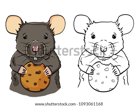Illustration of cartoon mouse with cookie. Little mouse in color holding cookie.