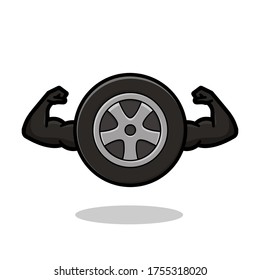 illustration of cartoon muscle tire with strong hand. 