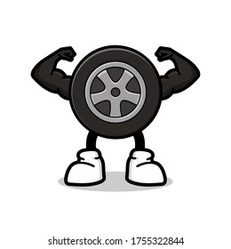 illustration of cartoon muscle tire with strong hand. 