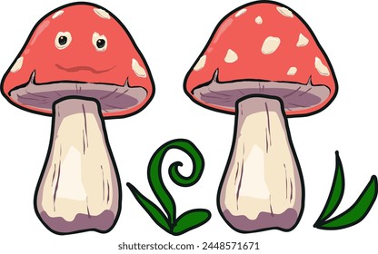 Illustration of a cartoon mushroom fly agaric detailed. Red spotted cap two variants with a face and a BKZ. Vector illustration. 
