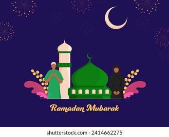 Illustration of Cartoon Muslim Couple Offering Prayer with Mosque, Leaves and Crescent Moon on Violet Fireworks Background for Ramadan Mubarak. Can Be Used as Greeting Card Design.